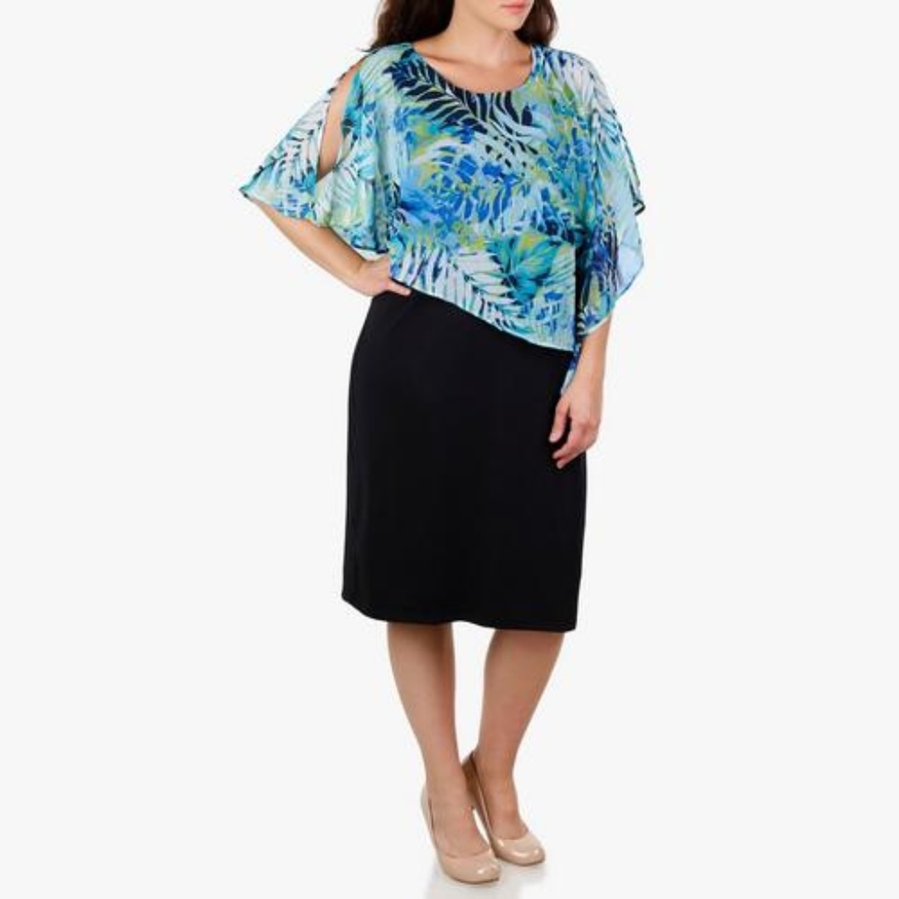 Lori Michaels Tropical Chiffon Capelet Dress SZ S (6-8) Blue/Black New!